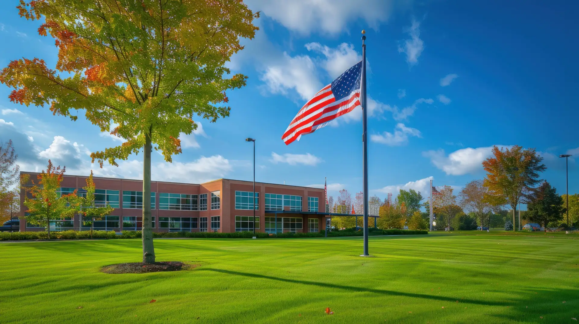 The TFM manufacturing facility in Lansdale, Pennsylvania, with the American flag flying out front