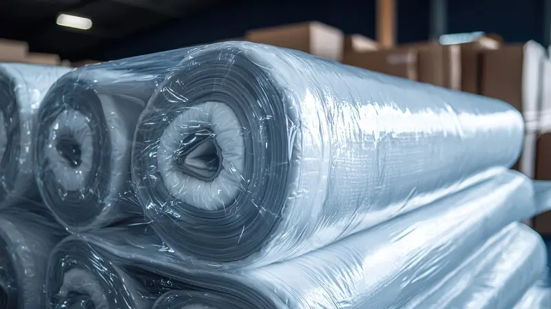 A large roll of finished foam wrapped for shipping inside the plant