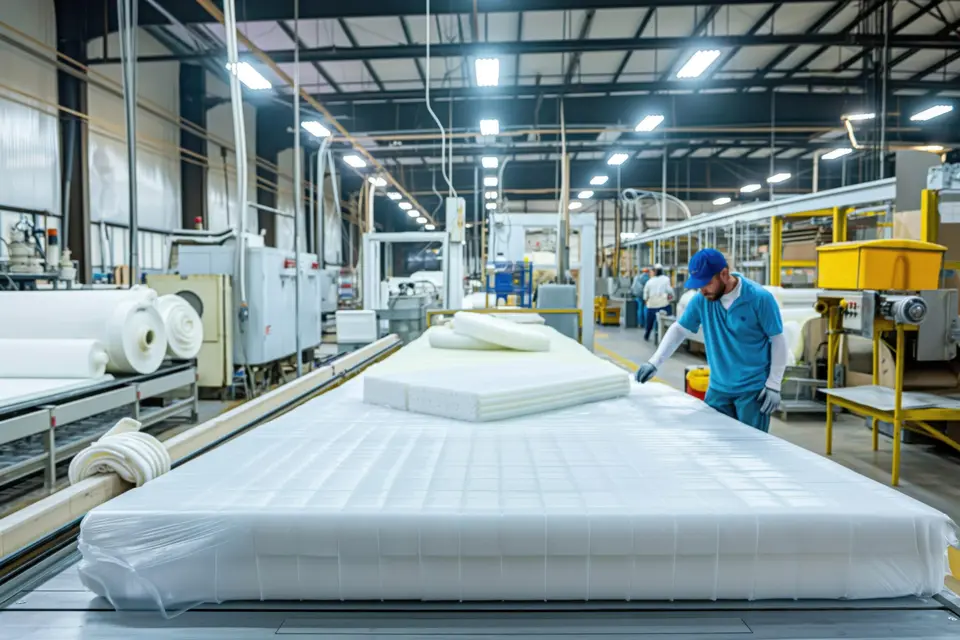 Mattresses moving through production on the TFM factory floor