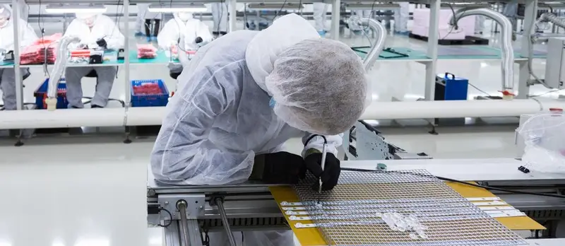 A TFM technician inspecting a quilted mattress panel on the production line